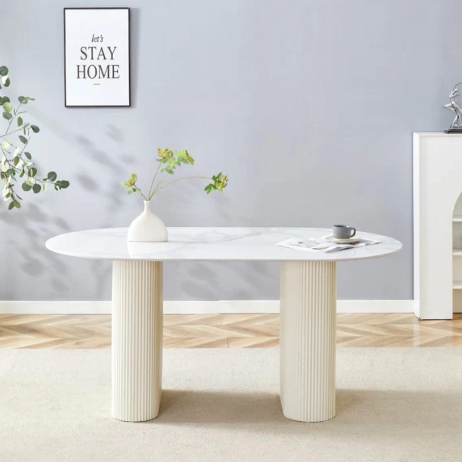 Table à manger - Plateau en céramique Travertin ou Marbre blanc, Pieds métalliques noirs ou beiges, 180x90cm