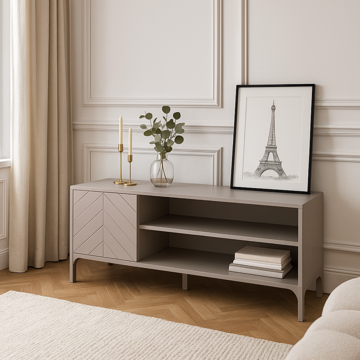 Meuble TV 135 cm – Noir mat avec façade motif chevrons