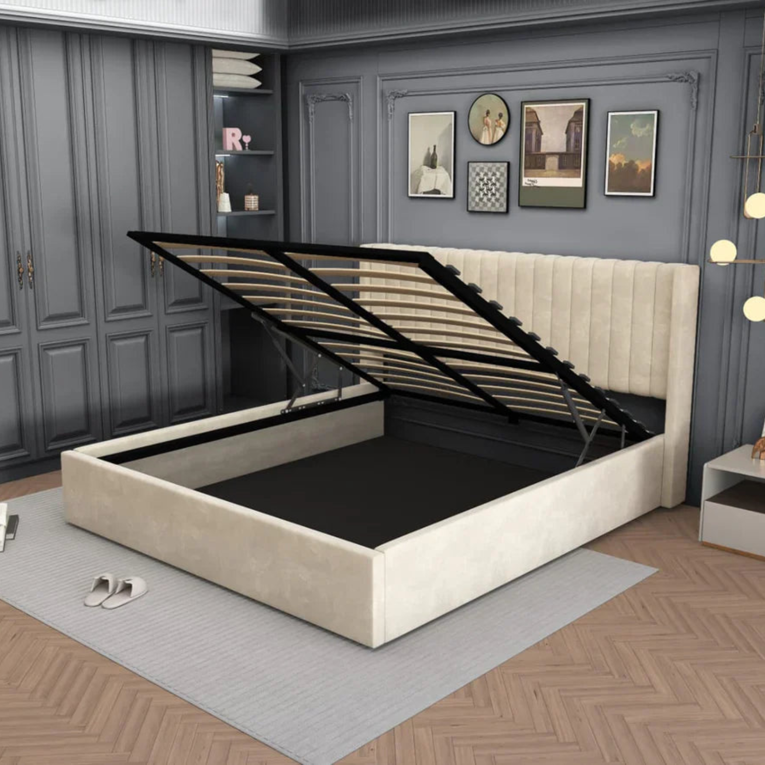 Lit Double Coffre AMÉLIA en Velours – Élégance, Confort et Rangement