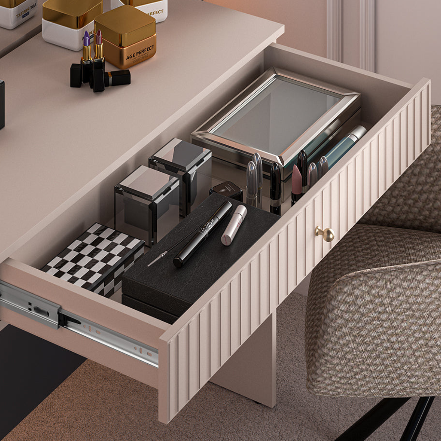 Coiffeuse Sofina en MDF Cachemire avec Tiroir Spacieux et Pieds Métalliques Noirs