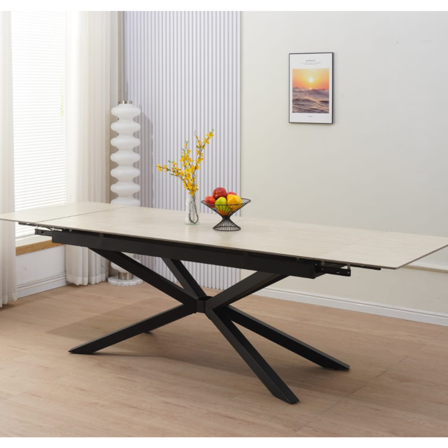 Table à manger extensible  – Plateau céramique travertin mat ou blanc –  Pied métal noir – 180/260x90x76 cm
