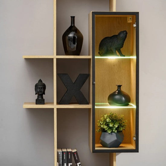 LEO wall unit 240 cm with a display cabinet and a shelf, grey and Cremona chêne — vue 4