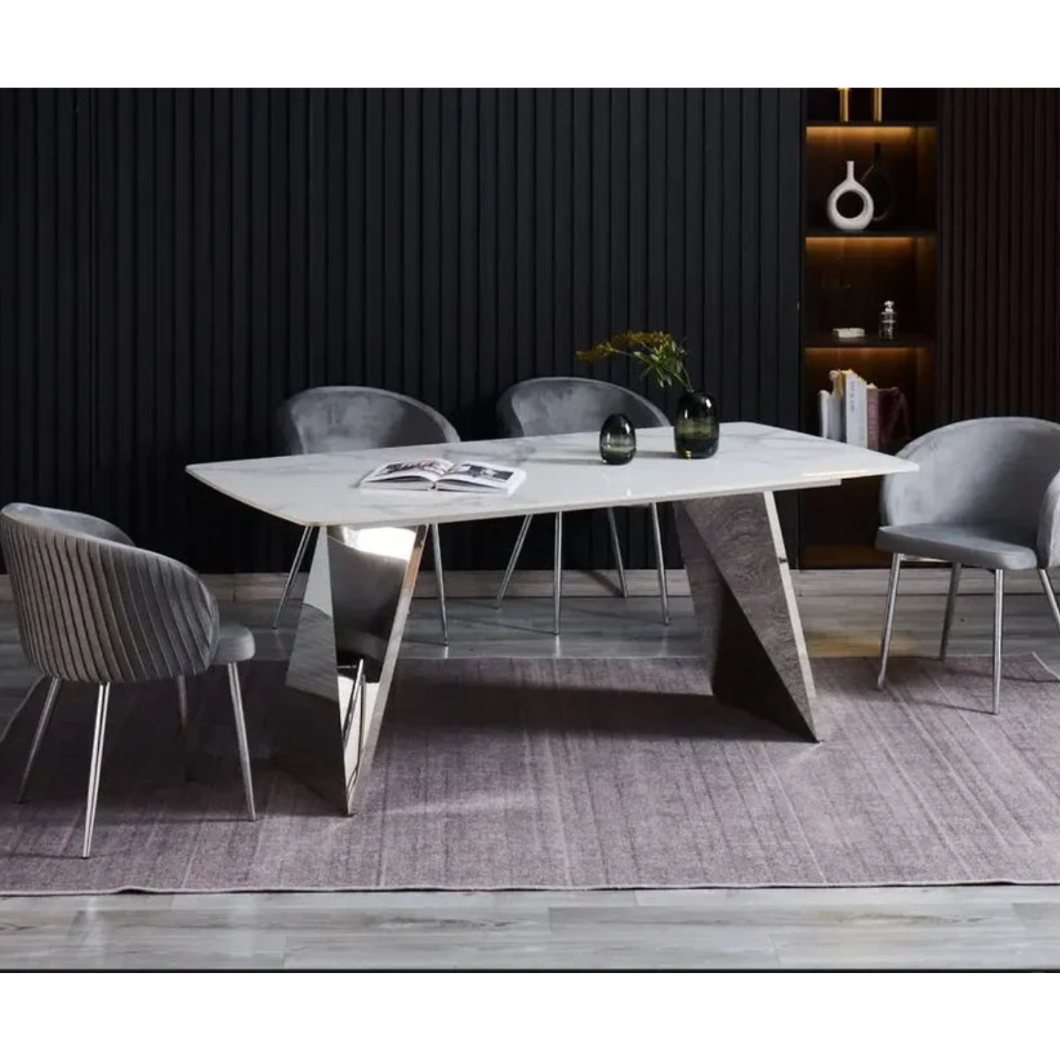 Table à manger 180x90 cm – Plateau céramique effet marbre blanc & pieds métal doré ou argenté