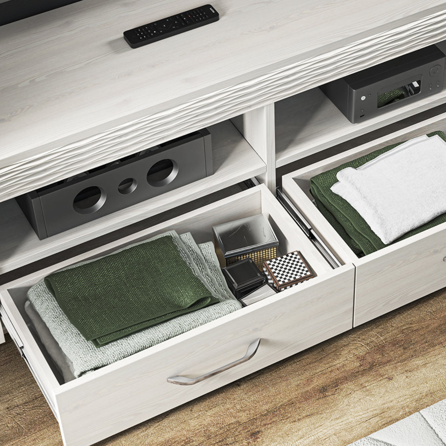 Meuble TV moderne – Pin Enneigé – Design épuré et durable – Compartiments de rangement pratiques