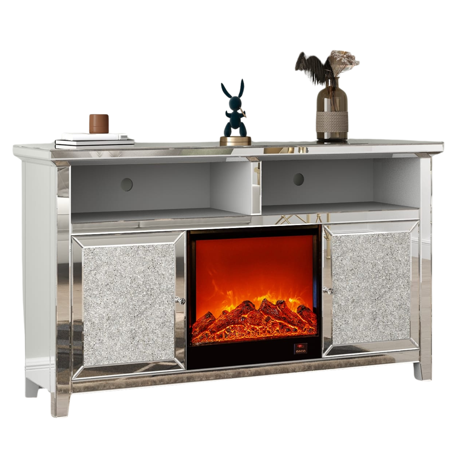 Meuble TV cheminée ARION 146x40x85 cm – MDF miroir, Cheminée intégrée, Rangement pratique