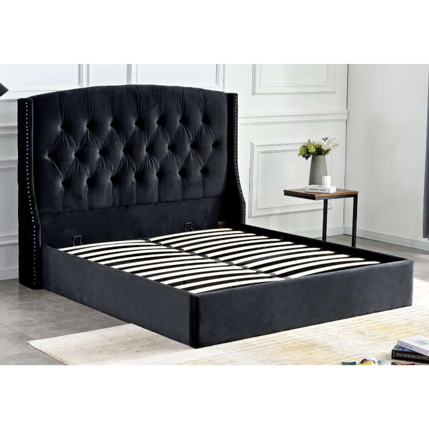 Lit coffre en velours capitonné – Sommier à lattes et rangement intégré – 180x200 cm – Gris, Beige ou Noir