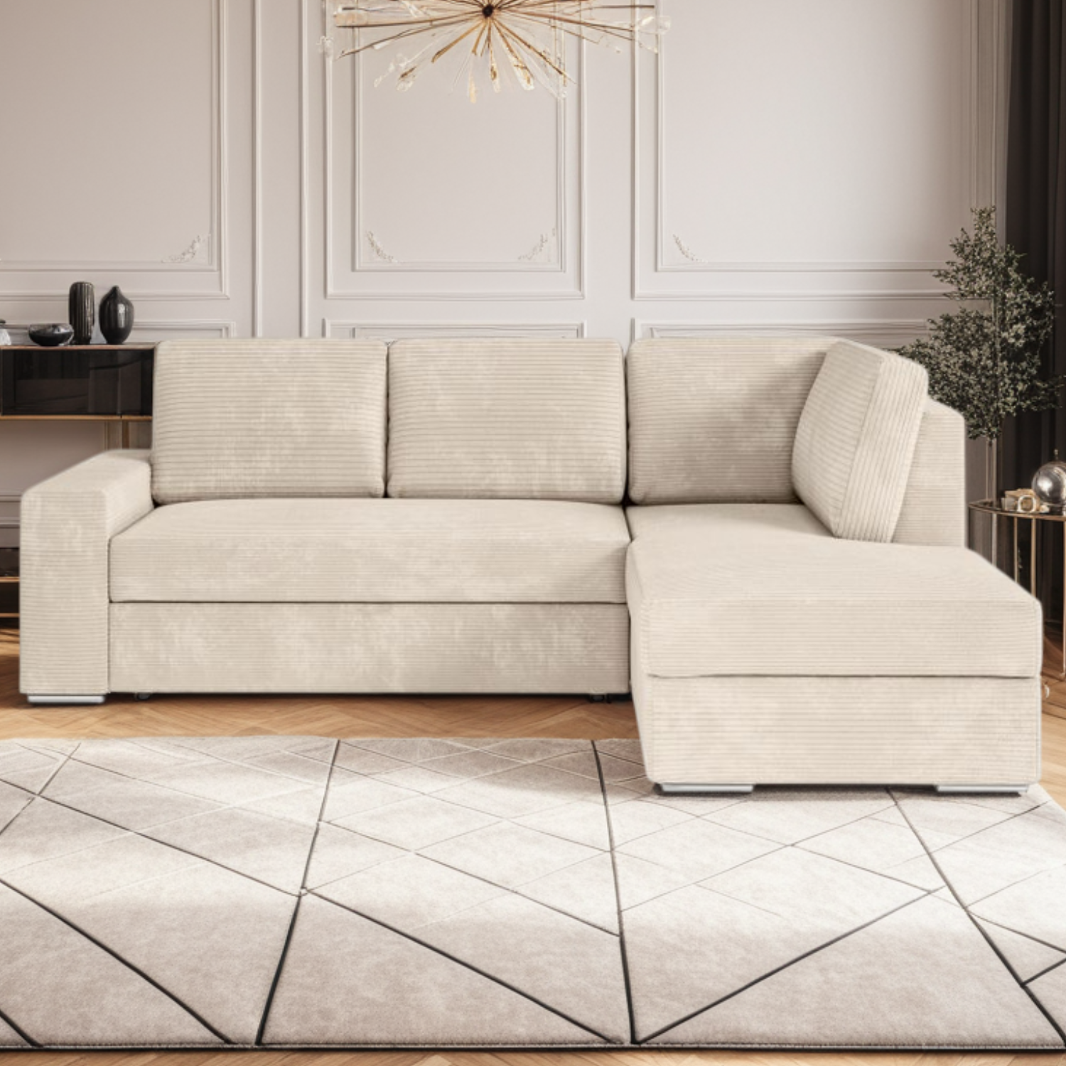 Canapé d'angle fixe convertible avec coffre en velours cotelé