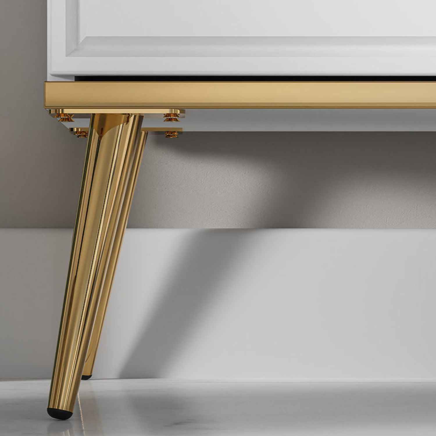 Meuble TV en Bois Blanc Laqué Brillant avec pieds dorés