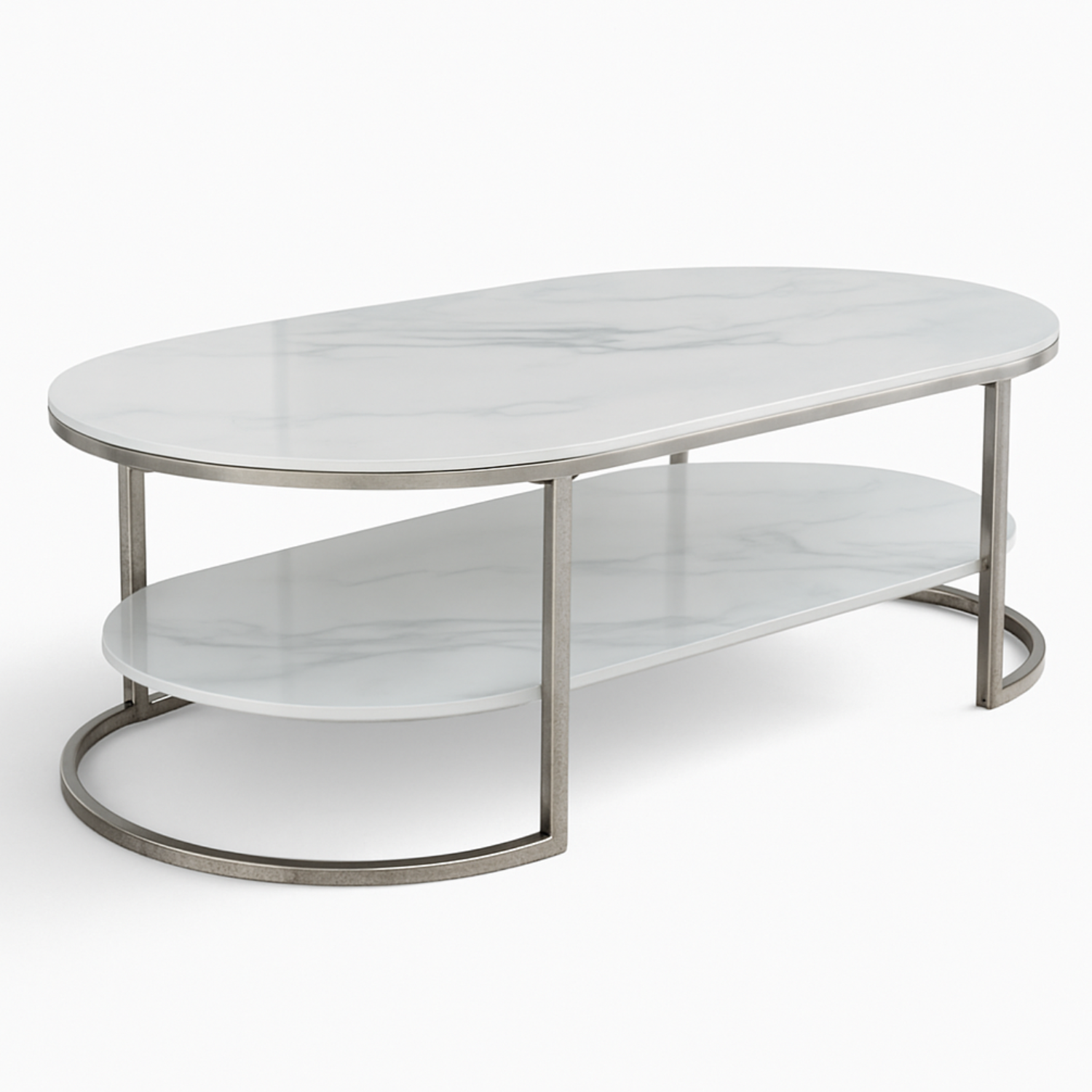 Table basse plateau verre marbré blanc et Piètement Inoxydable