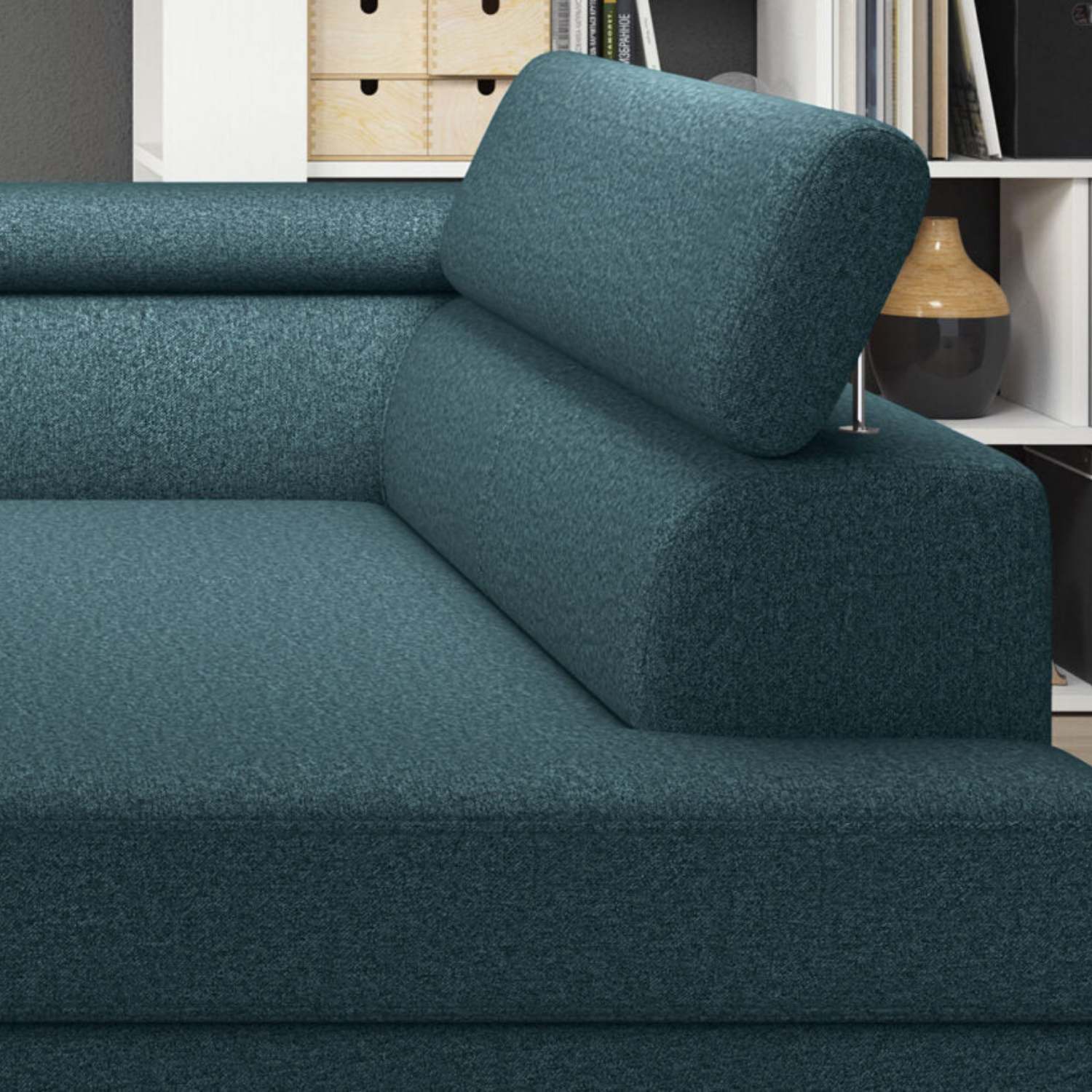 Canapé d'angle moderne avec système DELFIN, fonction lit et appuis-tête mobiles