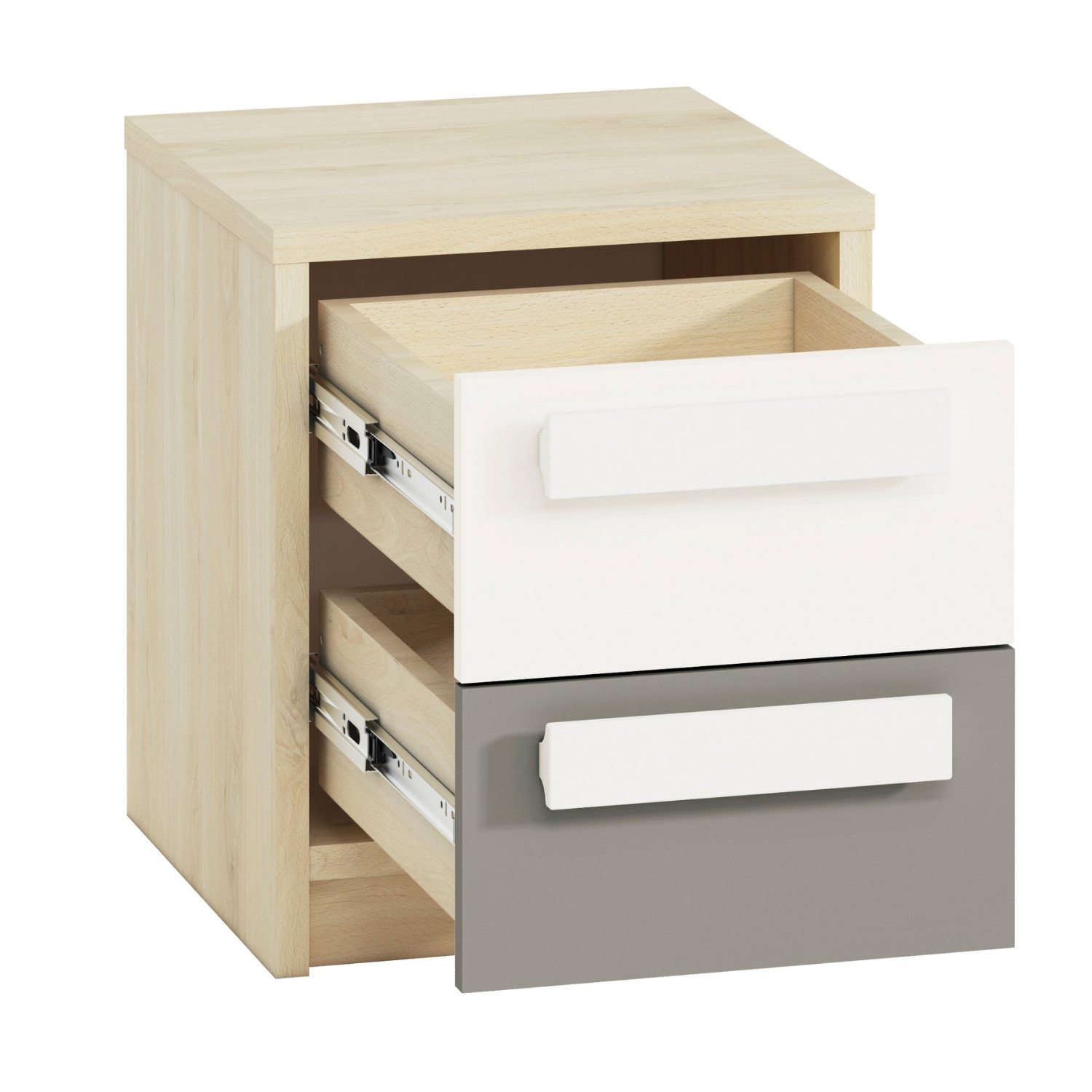 Table de chevet moderne Hêtre Fjord + Blanc avec tiroir, finition haute qualité, bordure ABS