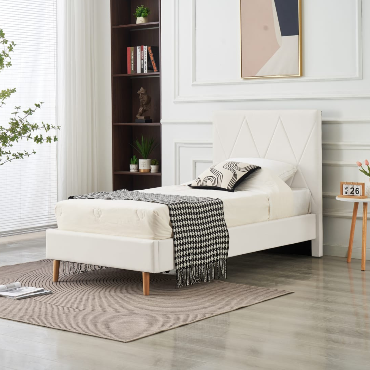 Lit Simple Pied Bois en Similicuir – Blanc, Beige, Noir, Gris – 90x190, 140x190, 160x200 cm