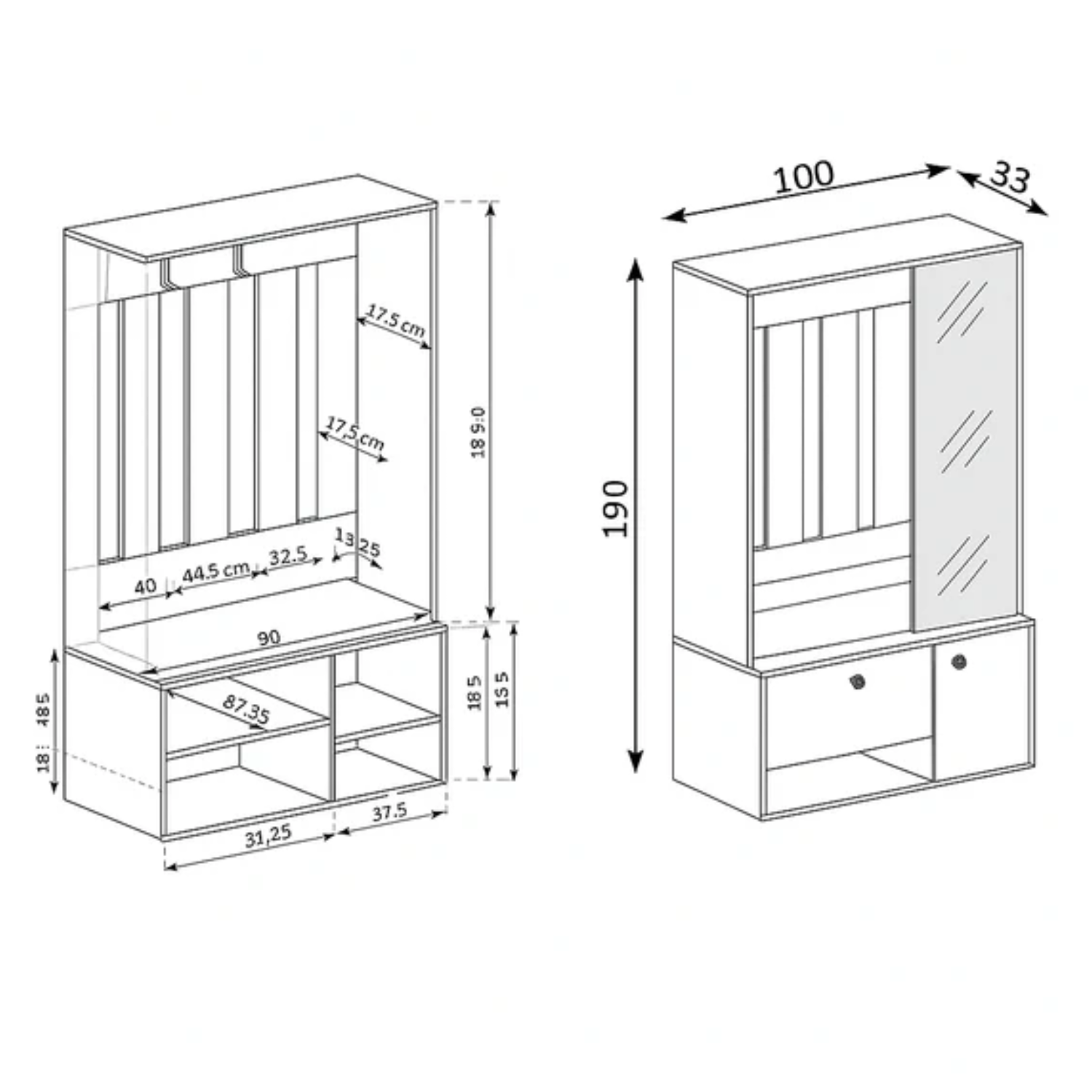 Placard d’entrée ZAYA avec miroir – 100 x 33 x 190 cm – meuble de couloir moderne avec étagères et cintre en métal