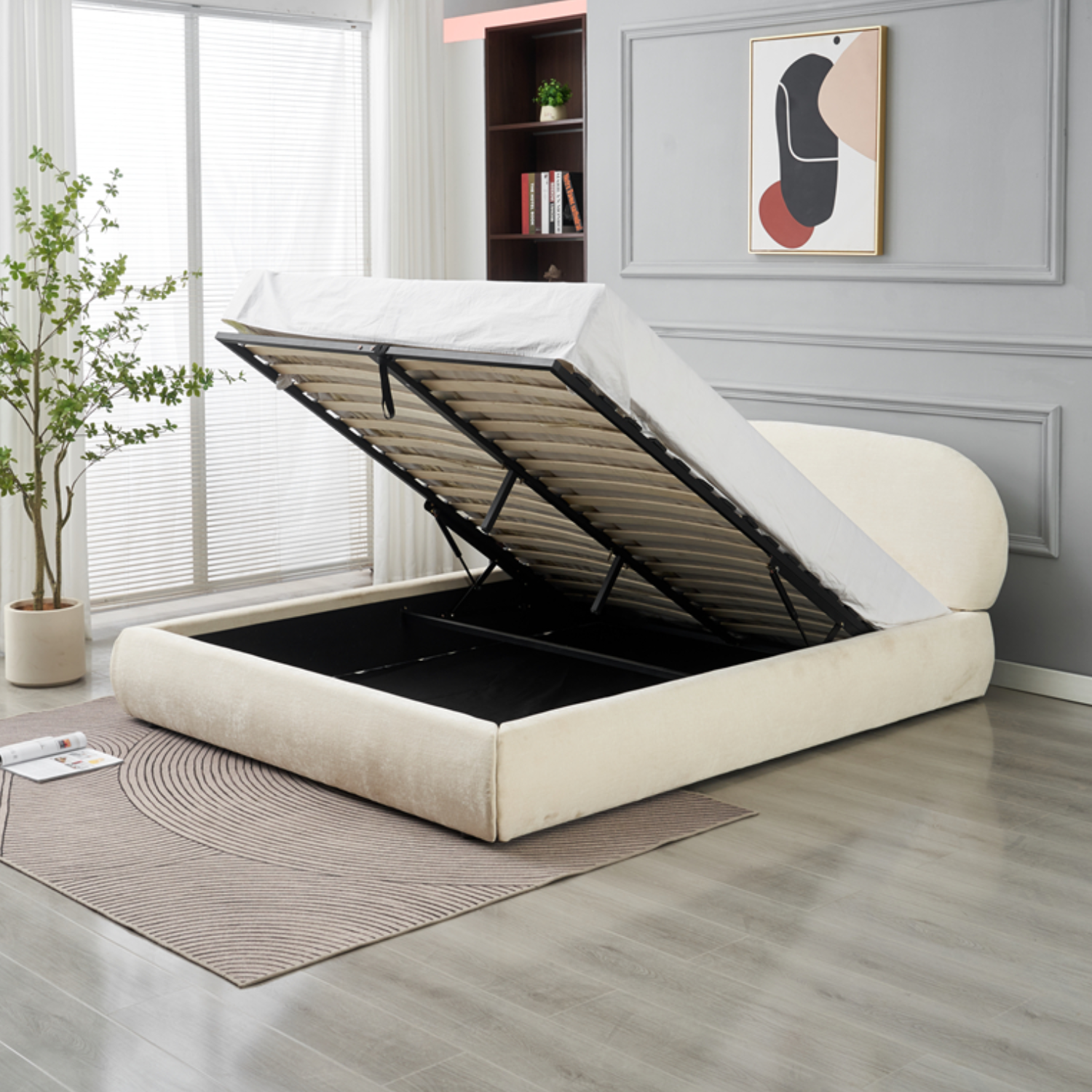 Lit coffre 2 places en Tissu chenille beige – Sommier à lattes avec rangement intégré– 140x190 & 160x200 cm