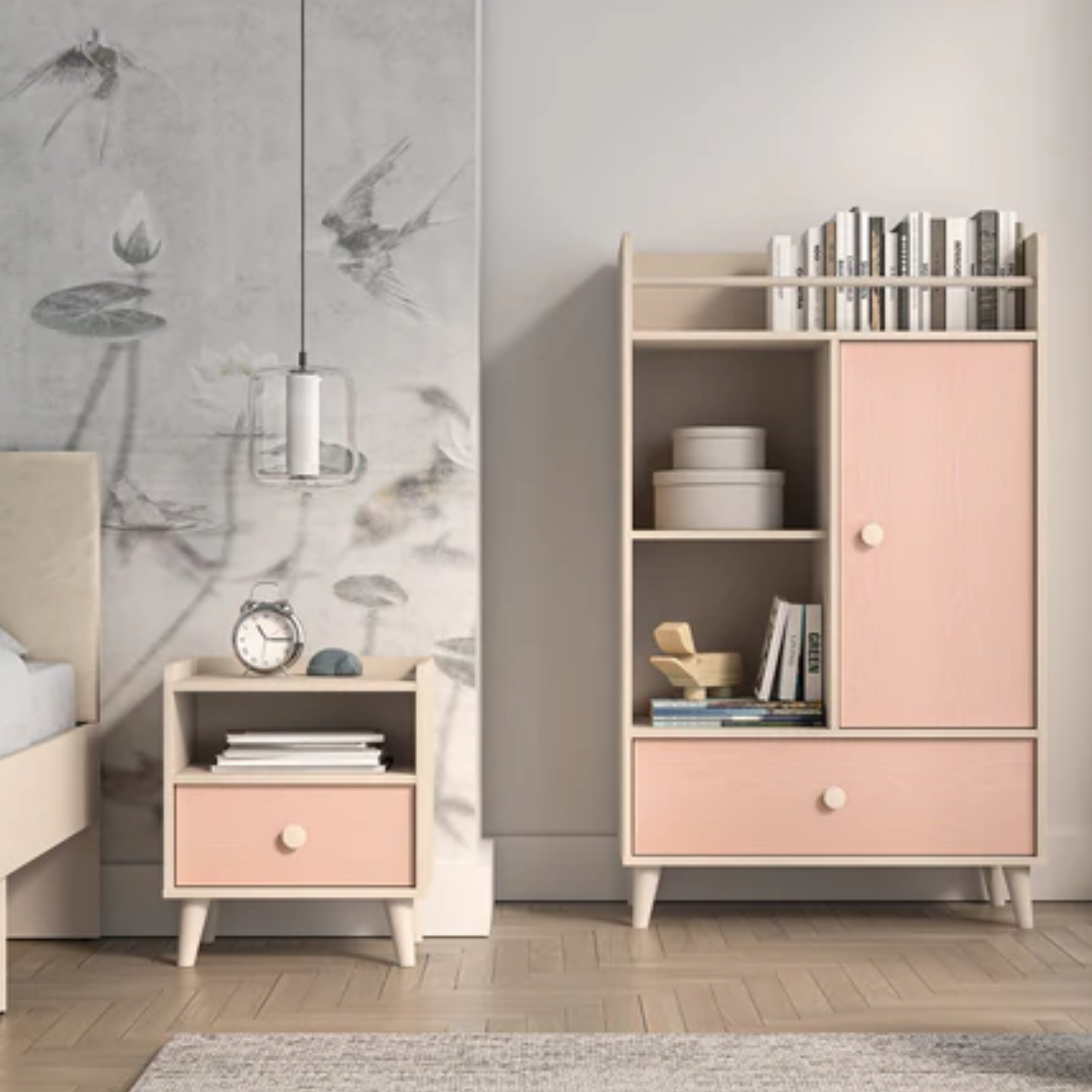 Table de chevet pour enfant en rose millénaire et sable du désert, avec bordure en ABS résistante aux chocs et à l'humidité