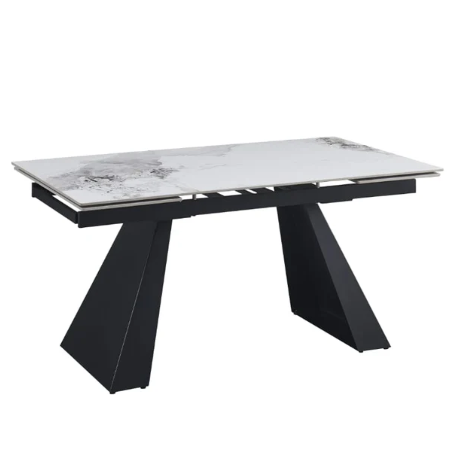 Table à Manger Extensible – Plateau Marbre Blanc et Verre Trempé, Pieds Métal Noir