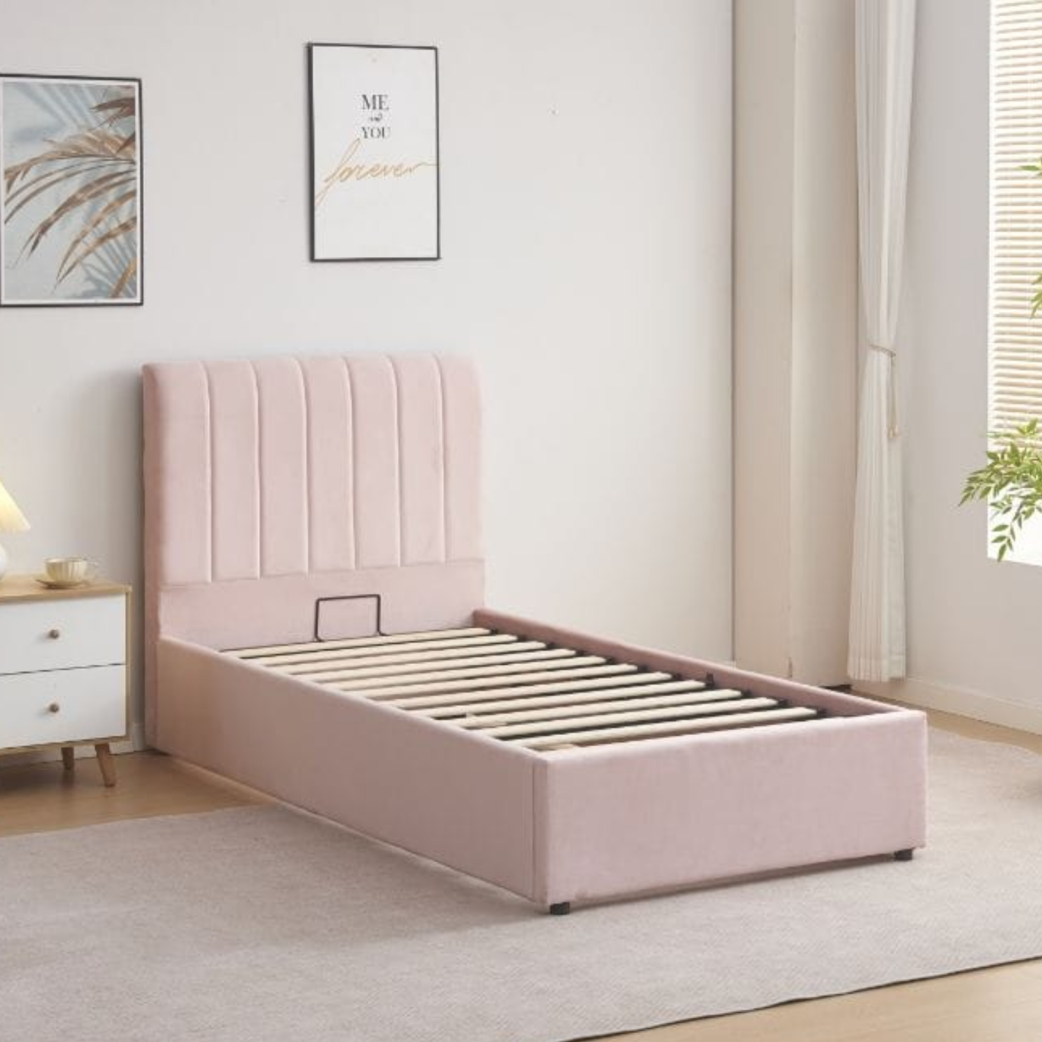 Lit coffre 1 place en velours – Gris, Taupe ou Rose – Compact et avec Rangement