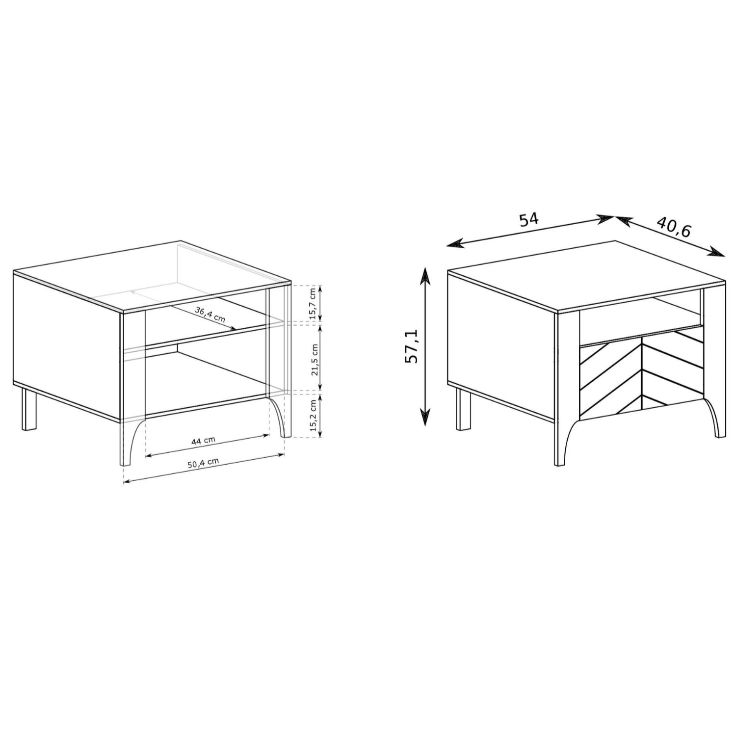 Table de chevet moderne RIVANO – Bois noir mat avec motif chevrons – 1 porte + étagère