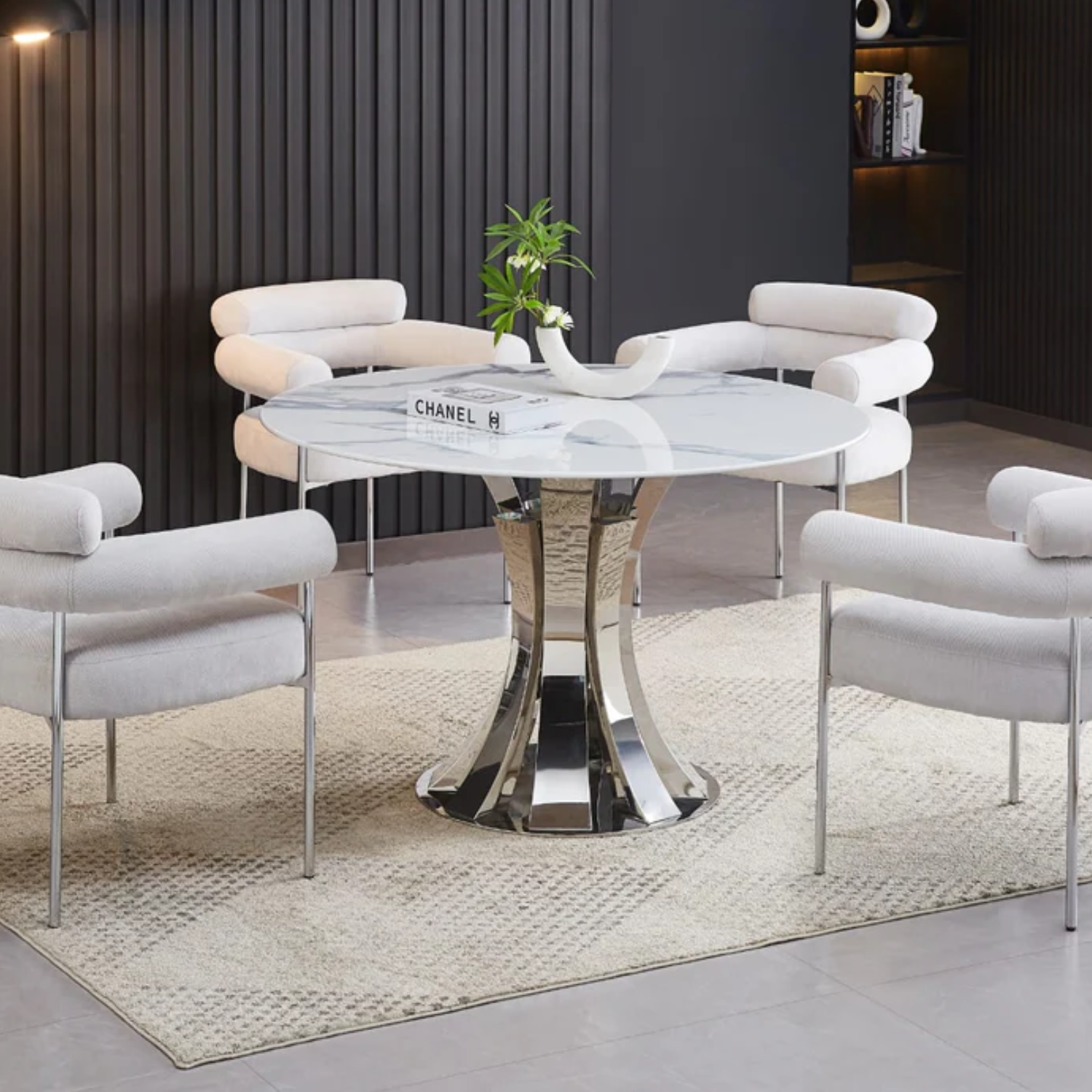 Table à manger ronde Ø120 cm – Plateau céramique effet marbre blanc & pied doré