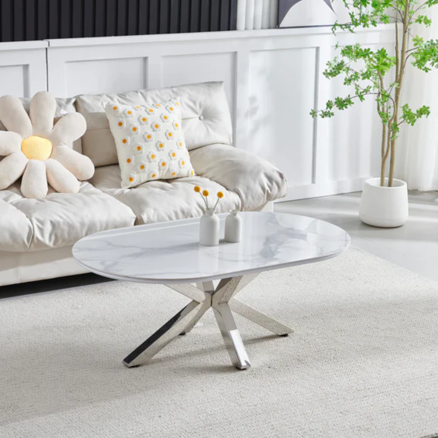 Table Basse – Élégance Moderne avec Plateau Céramique et Pieds en Acier Inoxydable