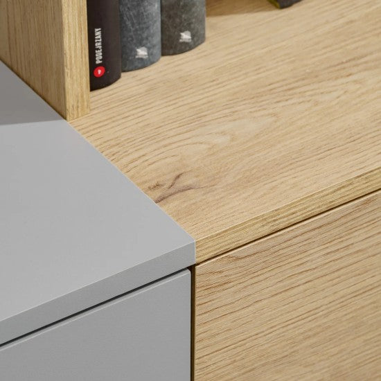 LEO wall unit 240 cm with a display cabinet and a shelf, grey and Cremona chêne — vue 5