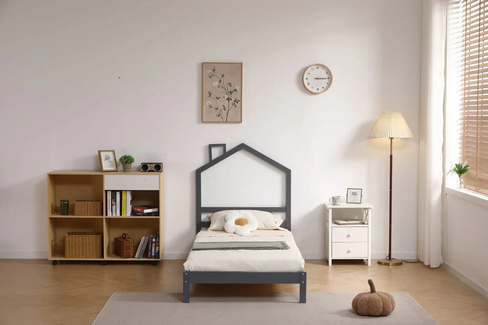 Lit Enfant  – Design Naturel en Bois Blanc et Gris 90x190 cm - Decora Home