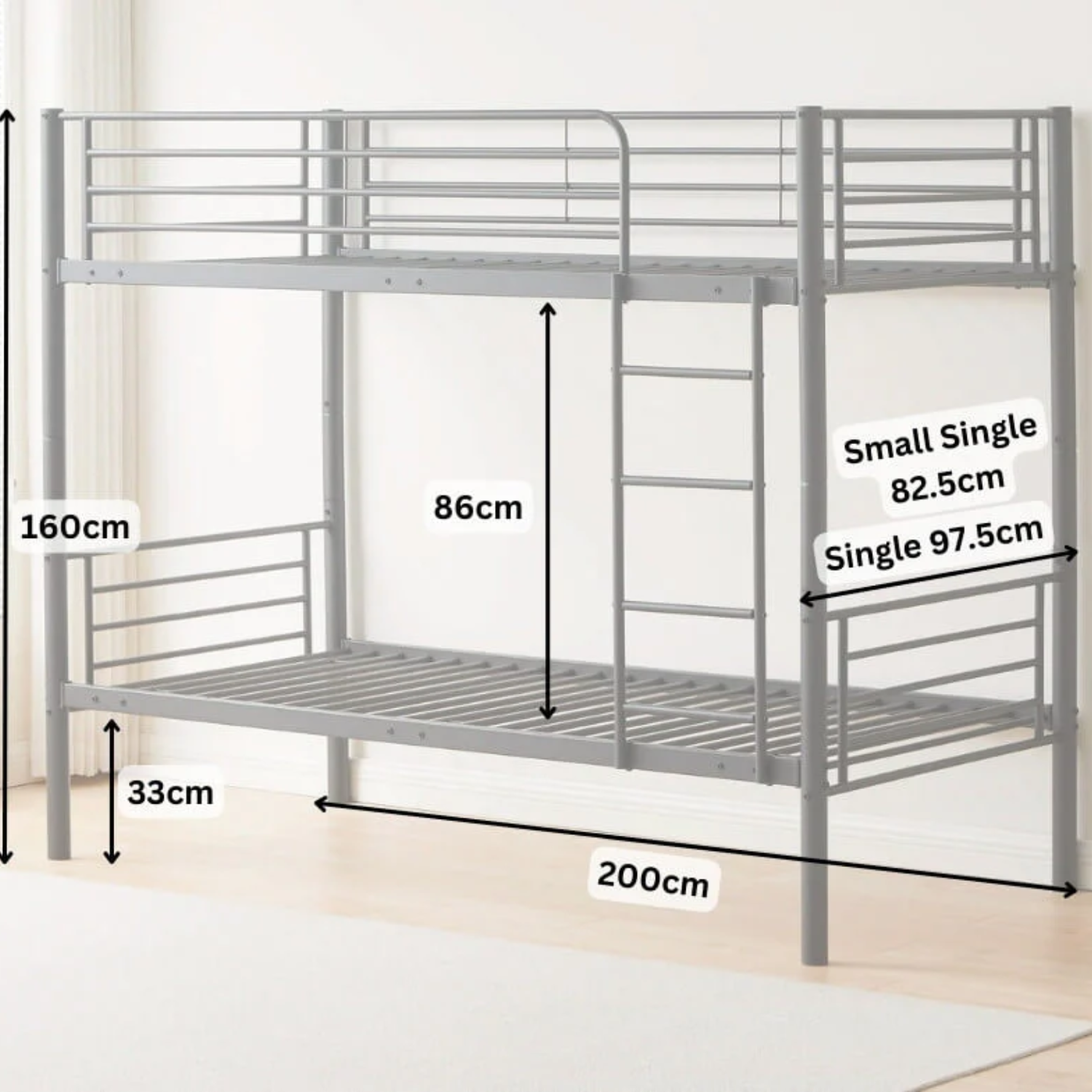 Lit superposé gris avec revêtement et sommiers en acier – 1+1 / 2+1 / 2+2 – 90x190 cm et 140x190 cm