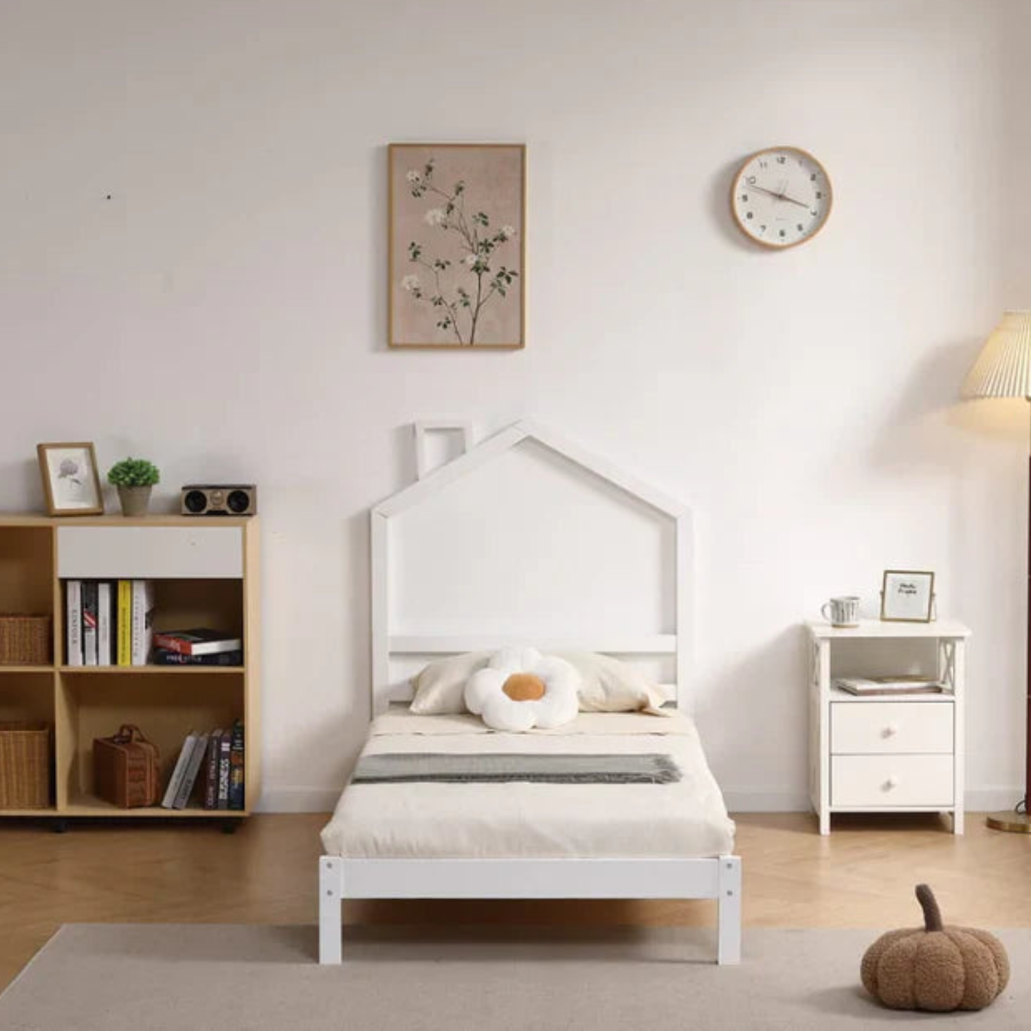 Lit Enfant  – Design Naturel en Bois Blanc et Gris 90x190 cm