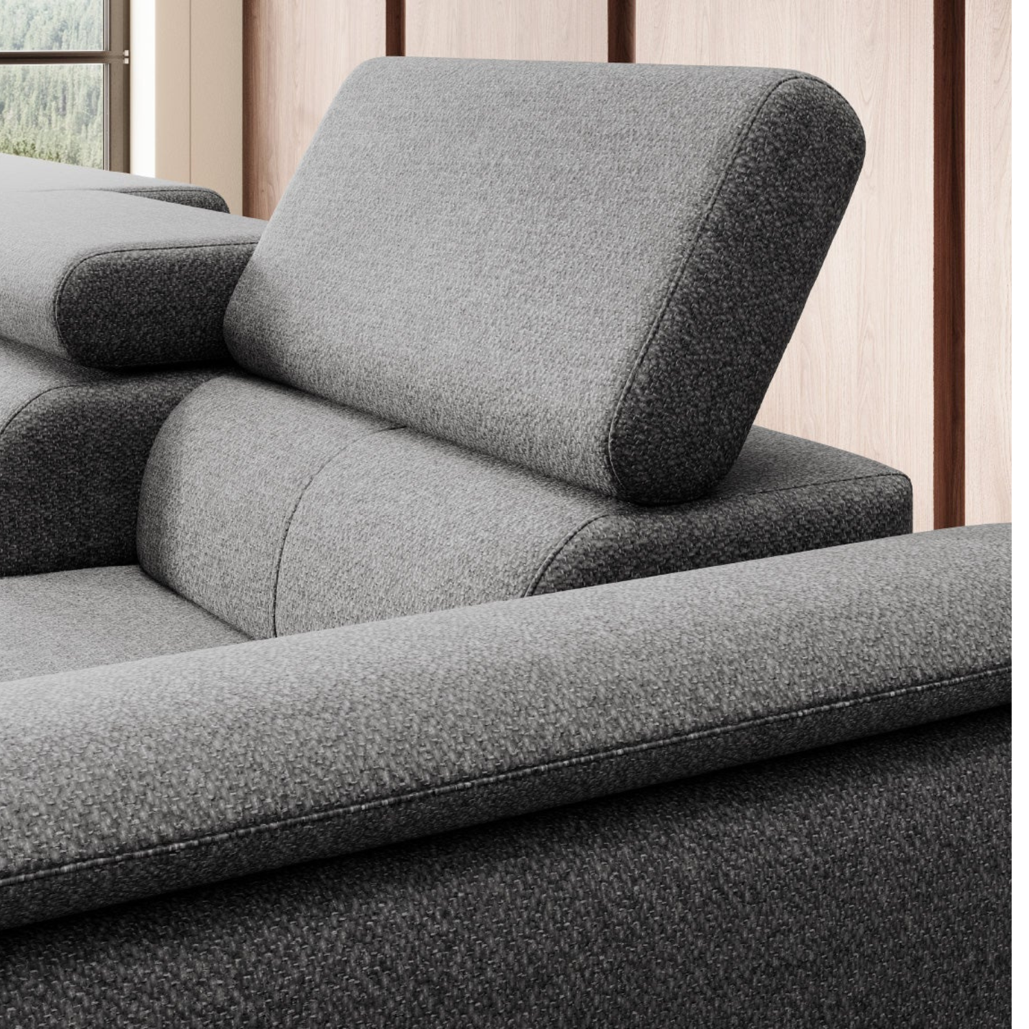 Canapé d’angle convertible moderne avec système d’ouverture DELFIN et dossier coulissant