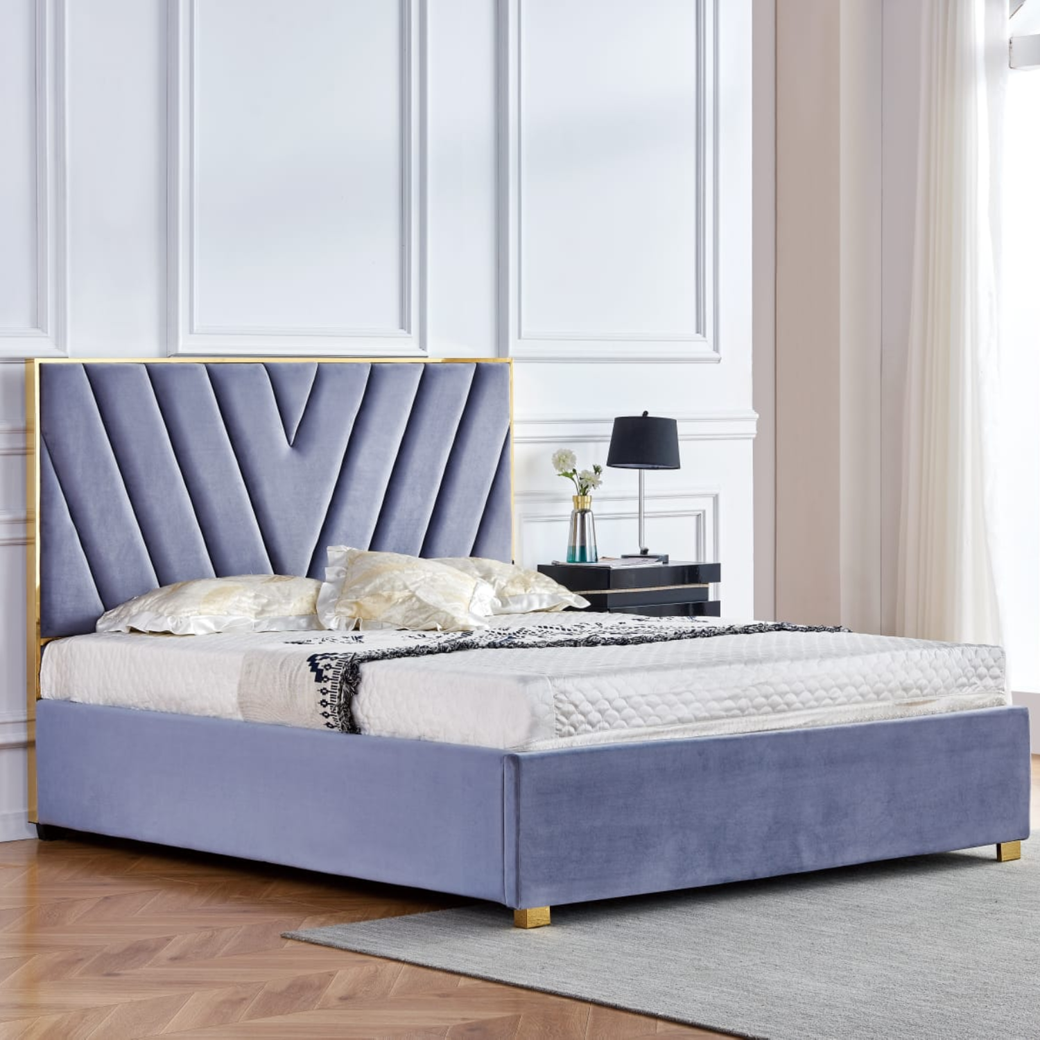 Lit revêtement en velours et sommier à latte en bois - 140x190 cm