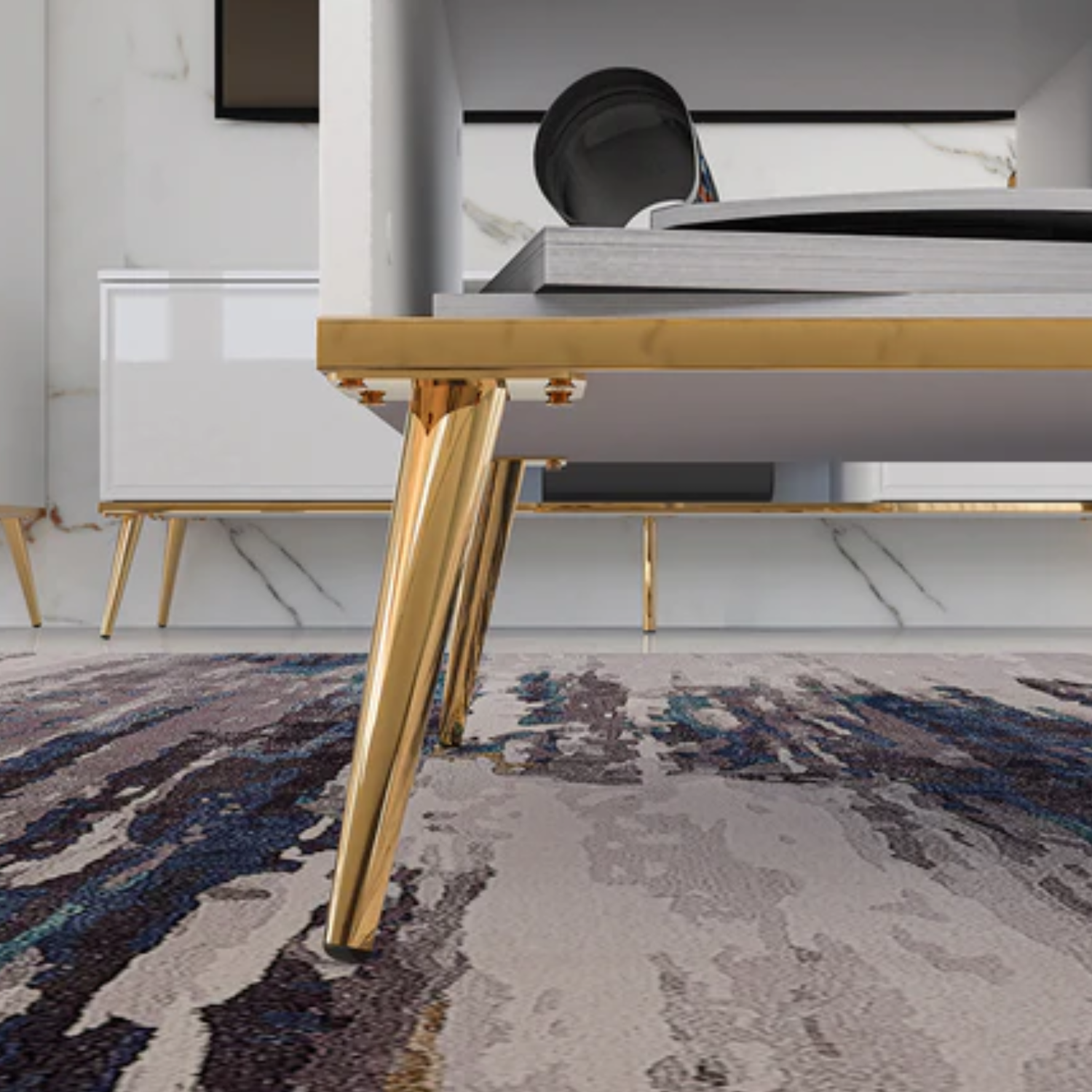 Table Basse Moderne en Bois Laqué Brillant avec pieds dorés