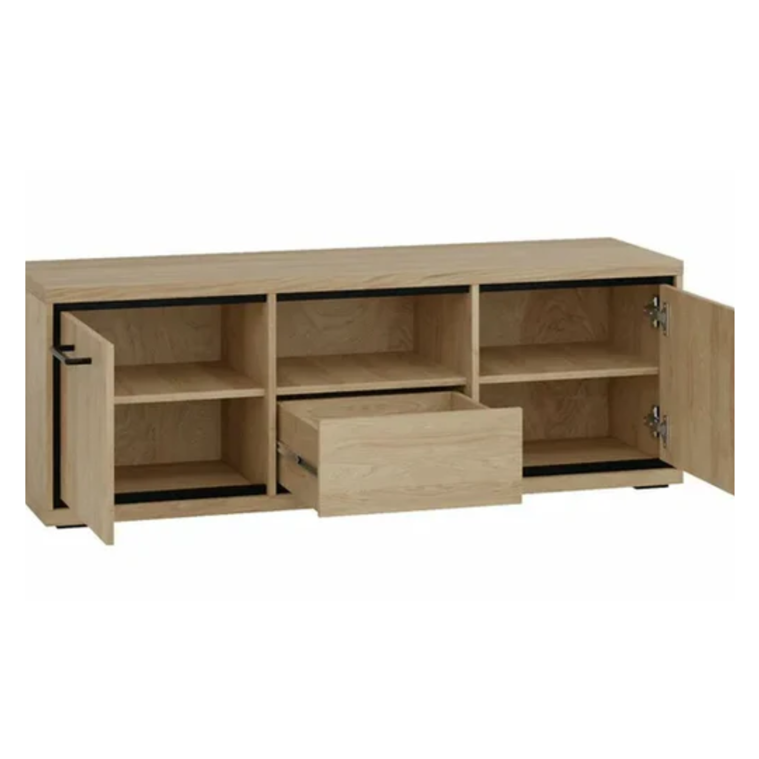 Meuble TV avec tiroir et étagères – teinte bois naturelle en deux dimensions – 139 cm et 181 cm