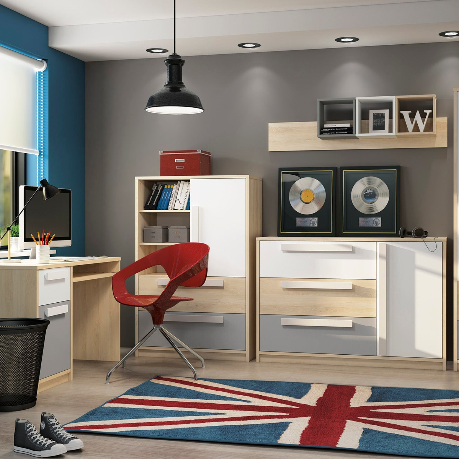 Bureau moderne Hêtre Fjord + Blanc, design élégant avec bordure ABS et finition résistante