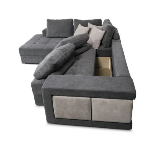 Canapé d'angle convertible avec 2 poufs et coffre en tissu