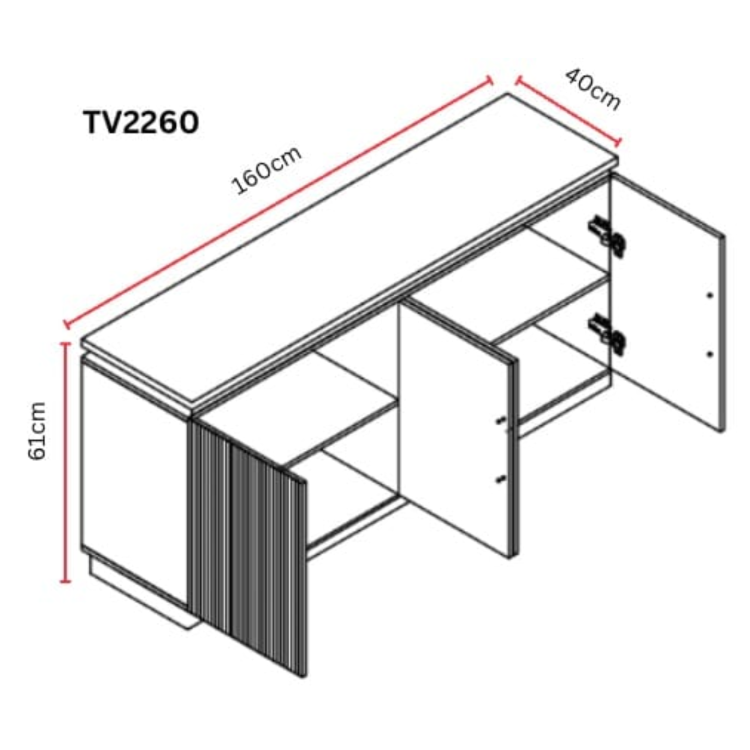 Meuble TV 160x40x61 cm – MDF Bois Clair, 4 Portes Battantes, Rangement Pratique