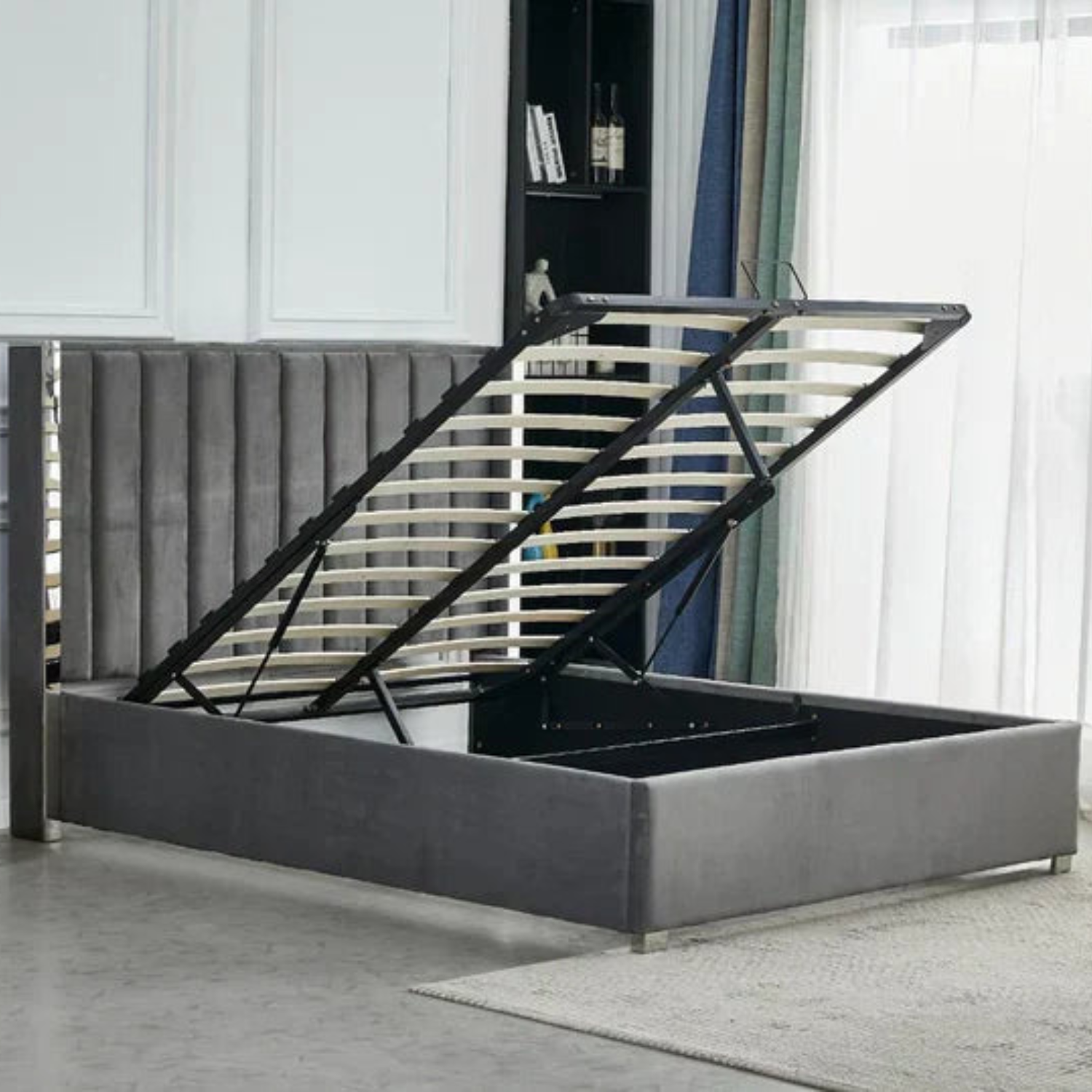 Lit Coffre avec Tête Capitonnée  avec Rangement  – Velours Taupe, Gris ou Noir – 140x200 / 160x200 cm