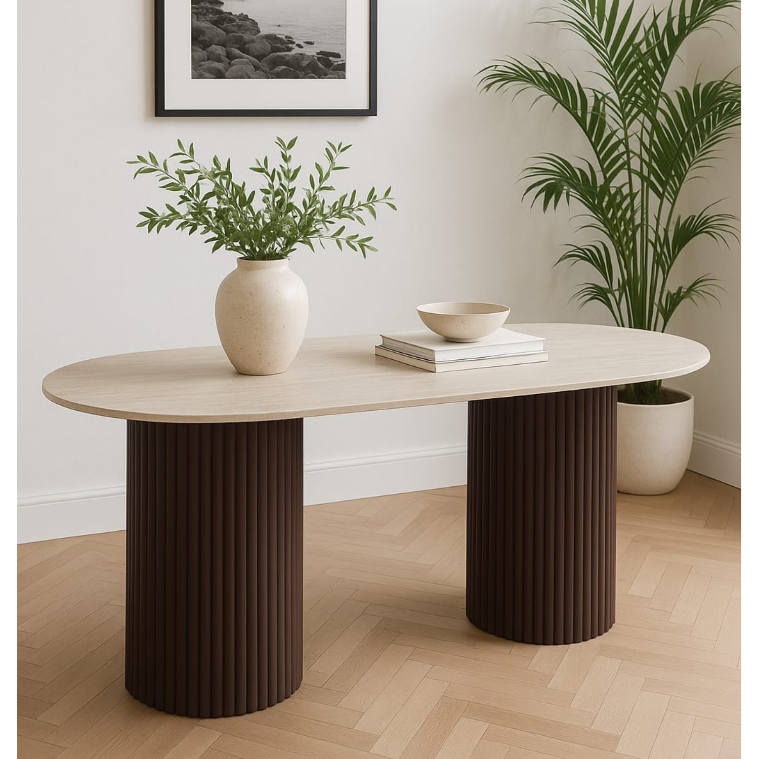 Table à Manger – Plateau Céramique Effet Travertin Mat & Pieds Métal Design | 160 ou 180 cm