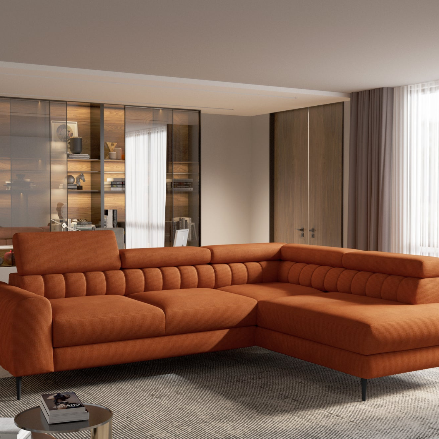 Canapé d’Angle  – Design Moderne, Système de Couchage DELFIN, Coffre de Rangement et Têtières Ajustables | Tissu Haut de Gamme