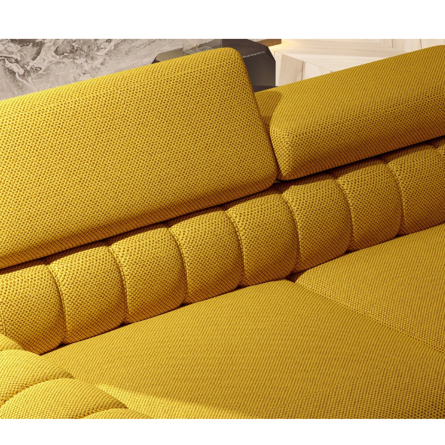 Canapé d’Angle – Compact avec Couchage DELFIN, Coffre de Rangement et Têtières Réglables