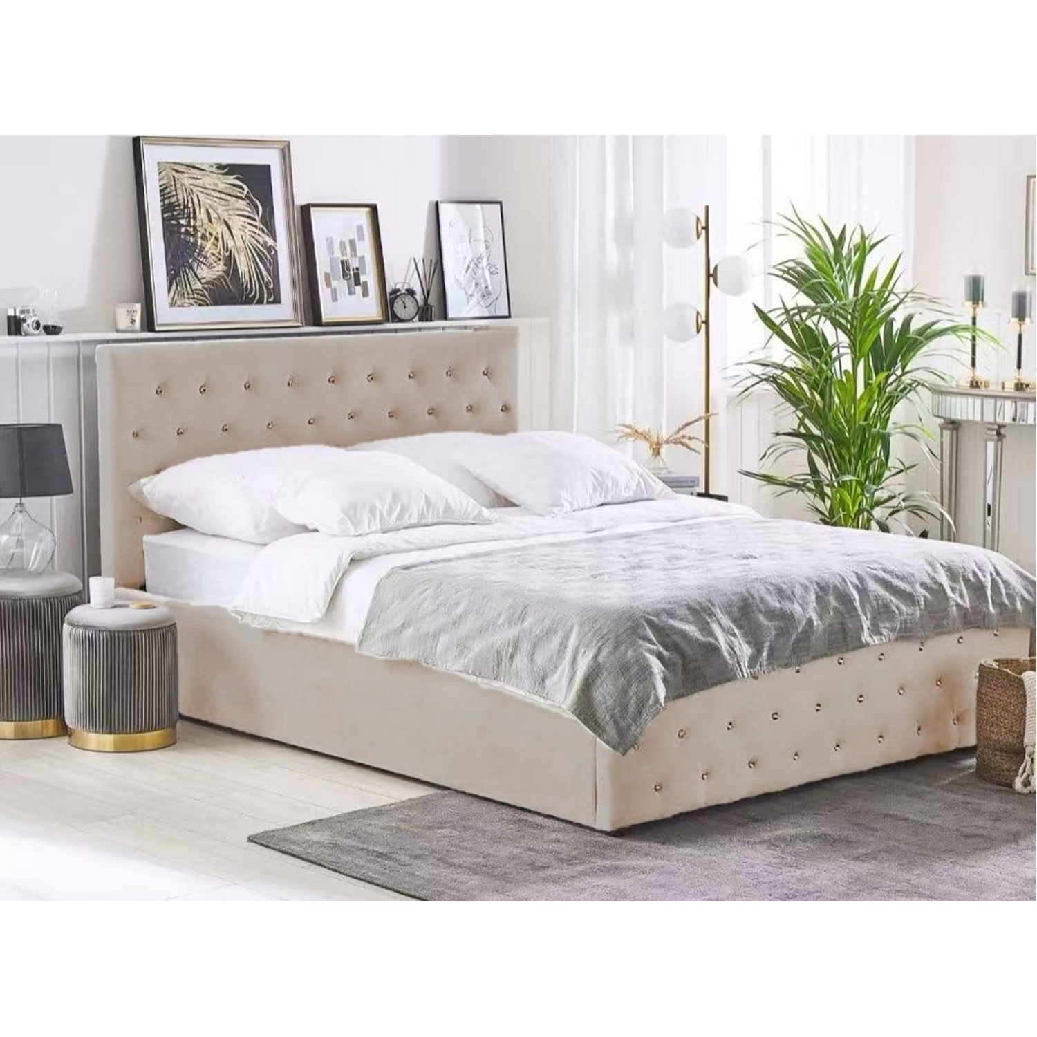 Lit CALINA en velours – Coffre de rangement – 140x200 & 160x200 cm – Noir, Gris, Beige