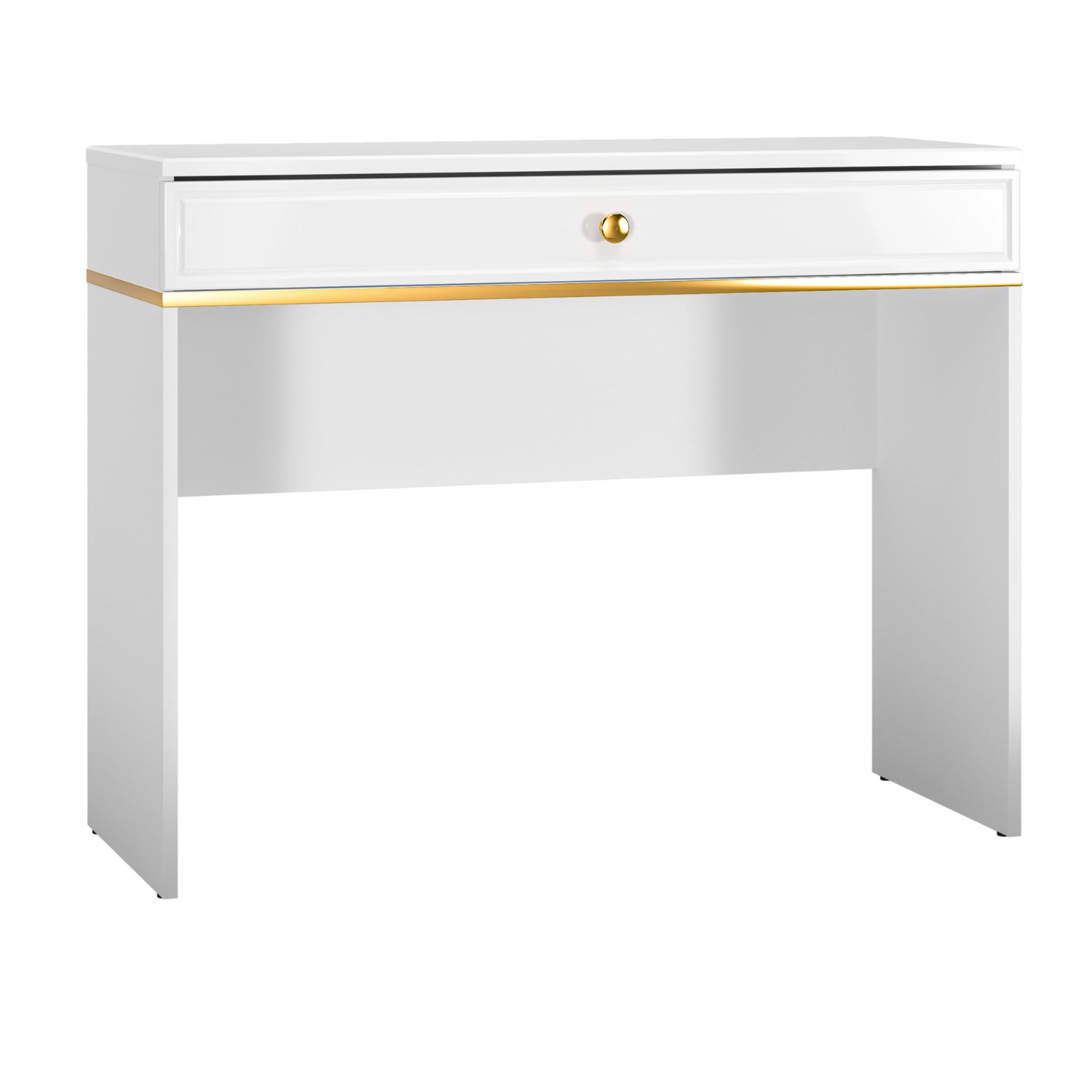 Table de Coiffeuse en Bois Laqué Brillant avec Pieds en Métal Doré
