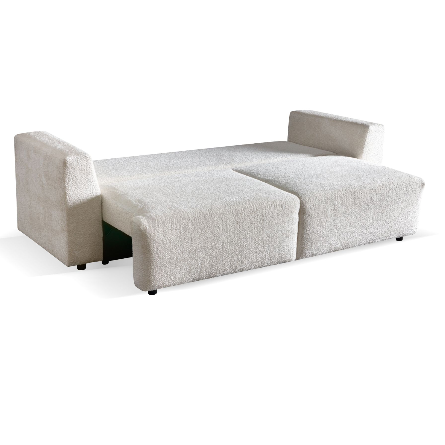 Canapé convertible avec coffre, coussins amovibles et revêtement en tissu bouclé