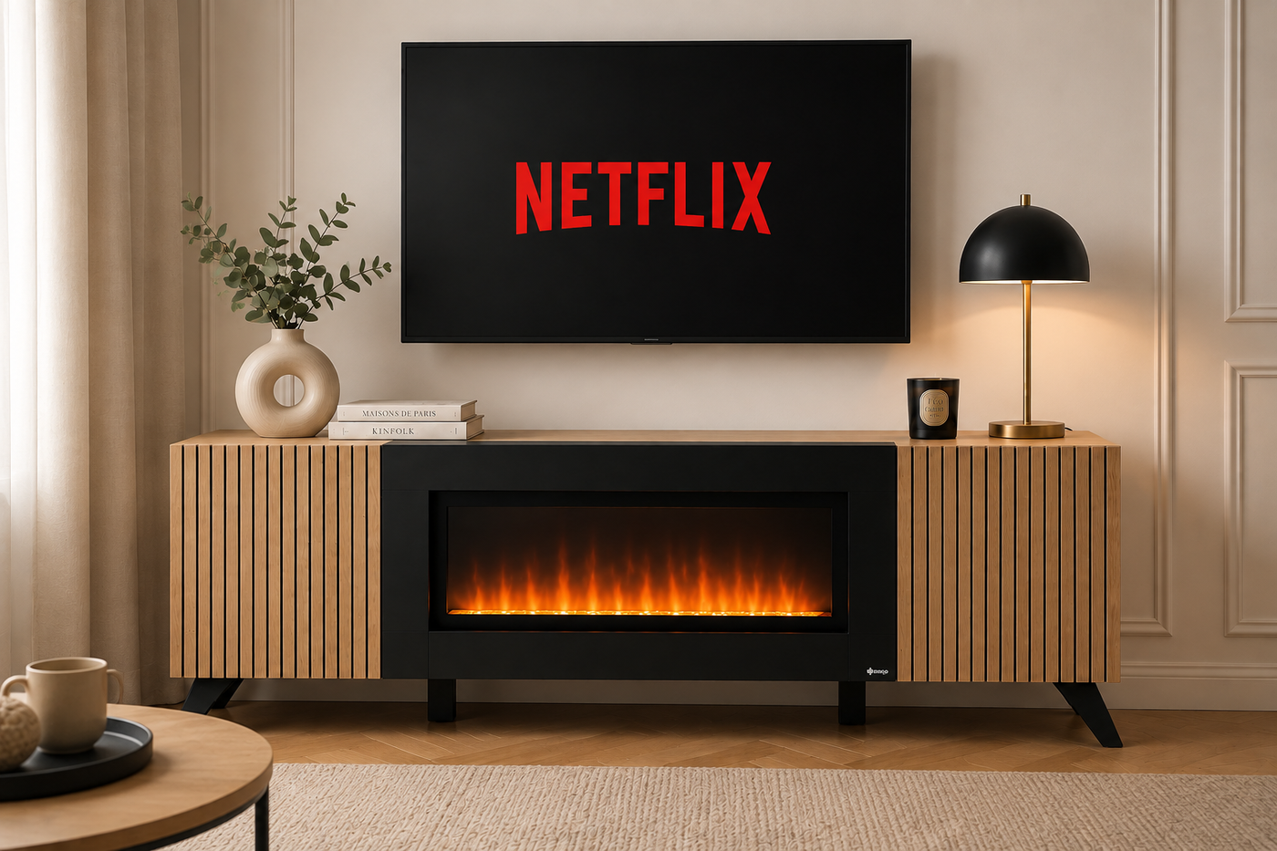 Meuble TV LIAM 160cm avec Cheminée Bioéthanol Intégrée - Hickory Jackson LED — vue 2