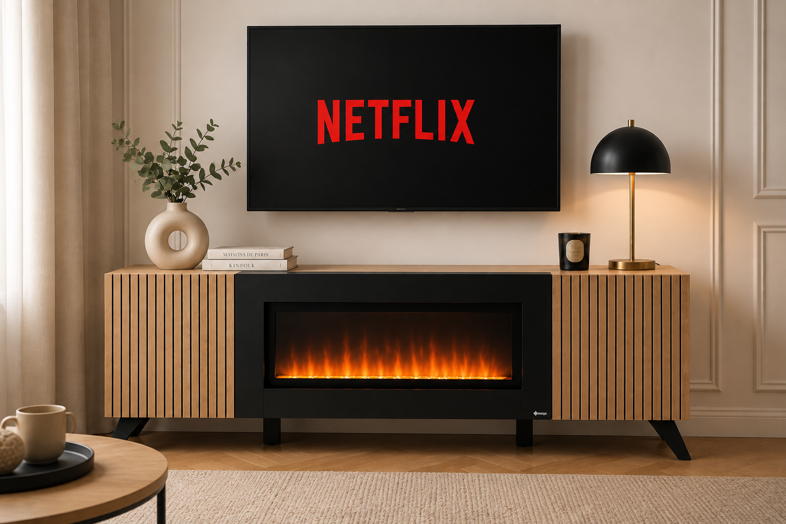 Meuble TV LIAM 160cm avec Cheminée Bioéthanol Intégrée - Hickory Jackson LED — vue 2