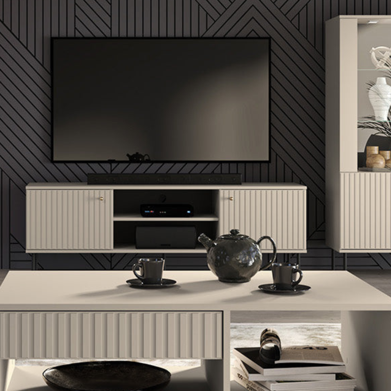 Meuble TV SOFINA 160 cm – Cachemire élégant – 2 niches fermées et étagères ouvertes