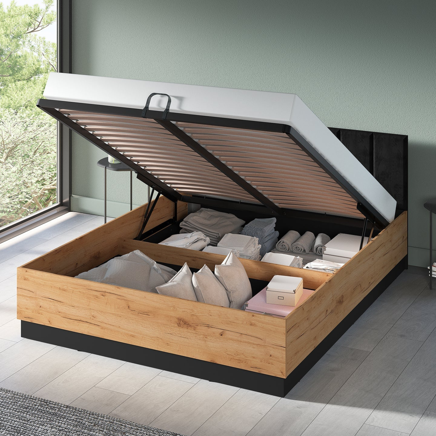 Lit en Chêne Craft Or + Noir avec Appuie-tête en Velours Noir – Design Élégant et Résistant