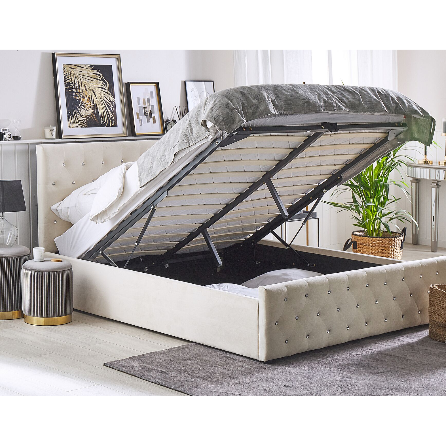 Lit CALINA en velours – Coffre de rangement – 140x200 & 160x200 cm – Noir, Gris, Beige