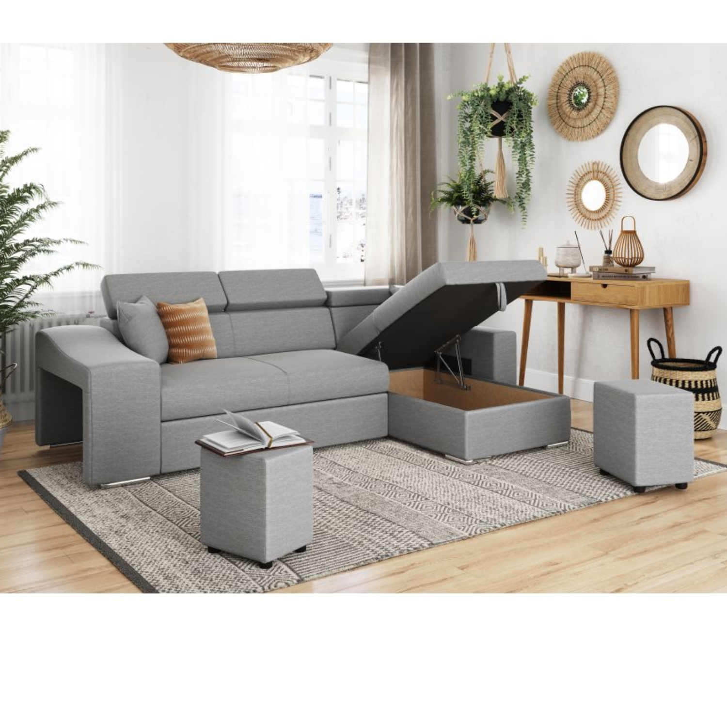 Canapé d'angle réversible, convertible avec coffre et 2 poufs en tissu