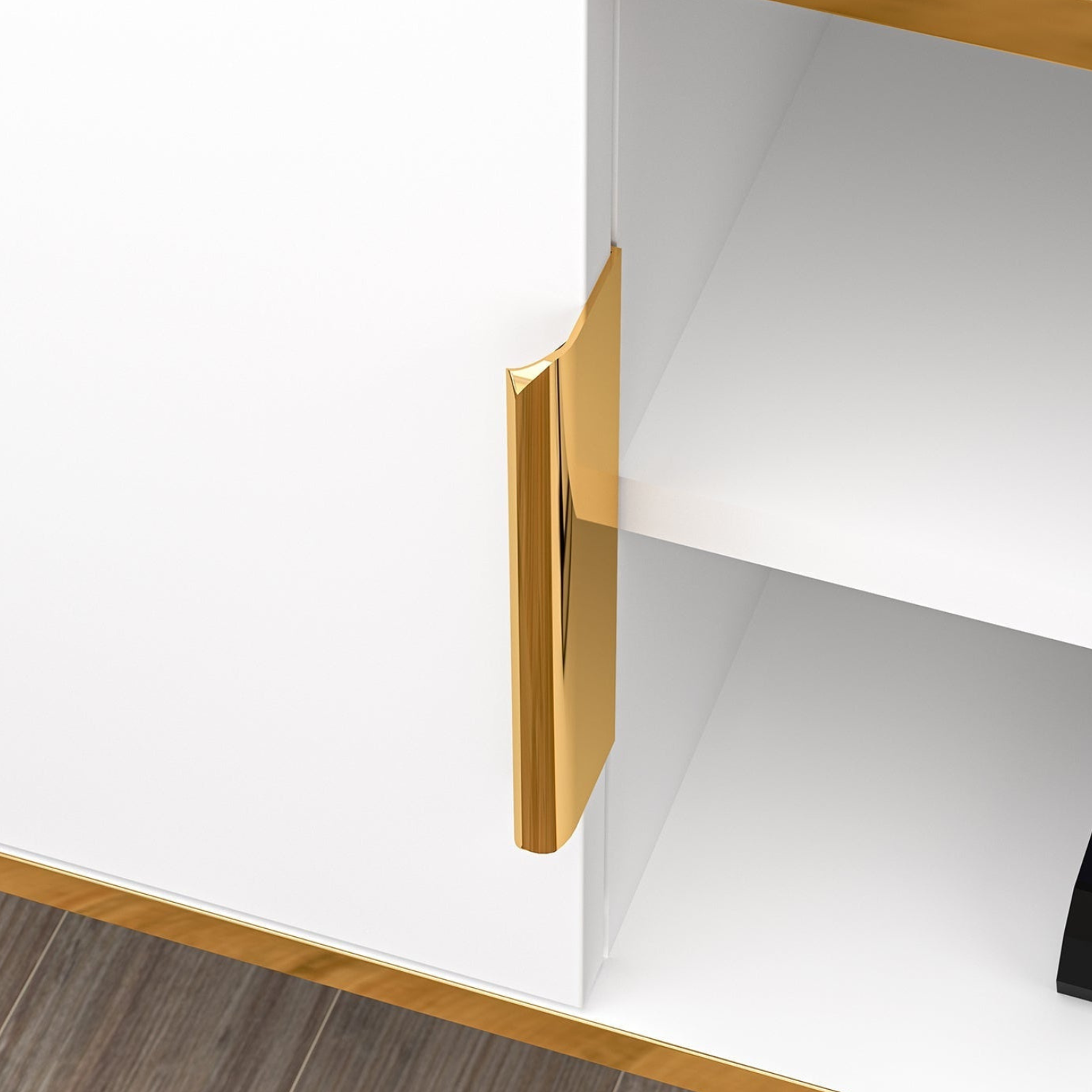 Meuble TV design moderne en bois blanc laqué mat & métal doré – rangement élégant