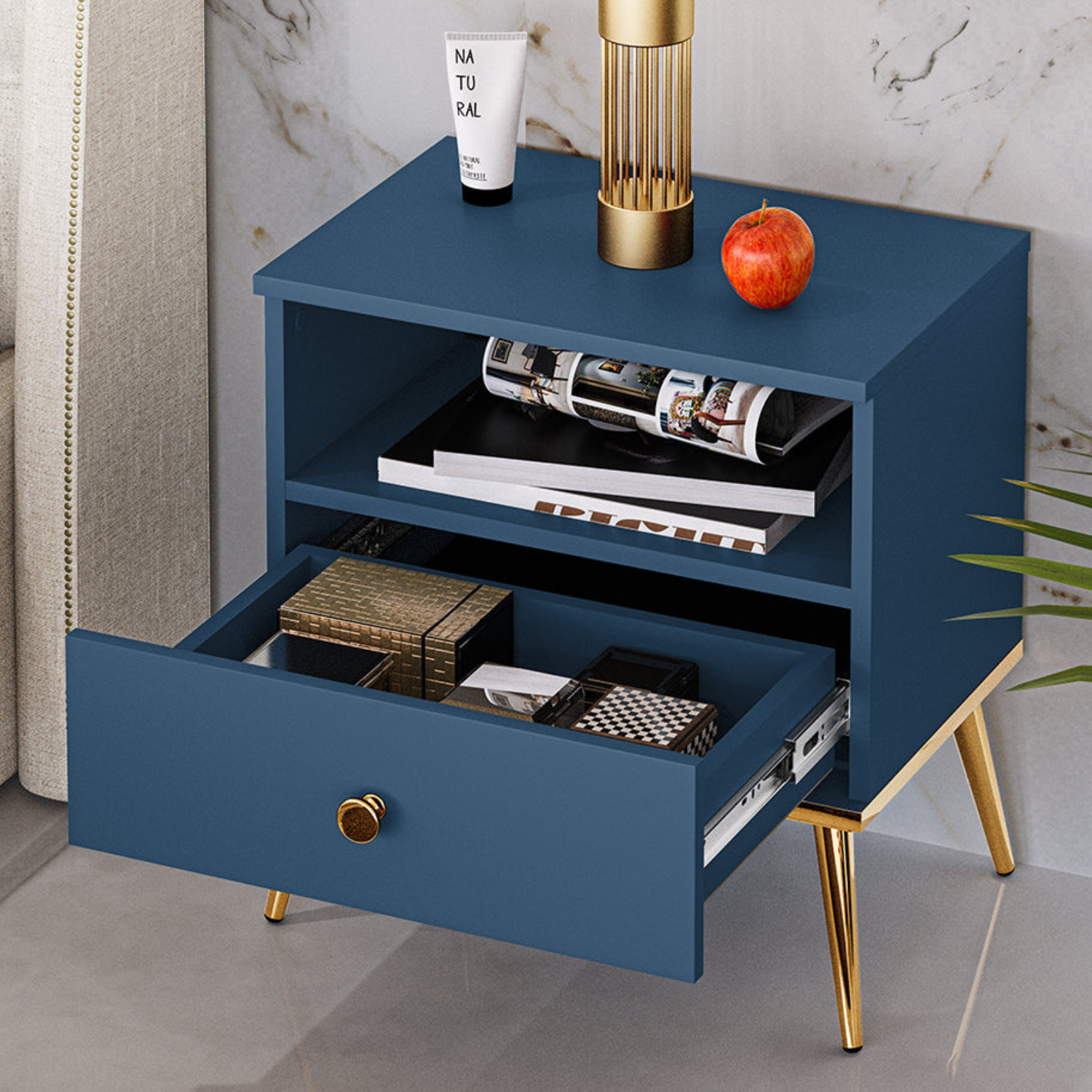 Table de Chevet Labrador avec Pieds Dorés Métalliques  - Design Élégant et Résistant